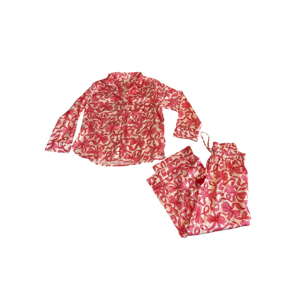 World Market Pajama Set Women L/XL S/M Pink Red Bow Print Silky Loungewear